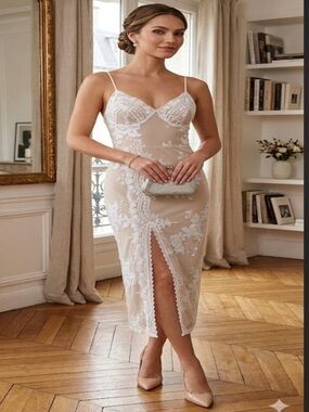 Nude Slip Dress with White Lace Overlay - Strapless Spaghetti Style